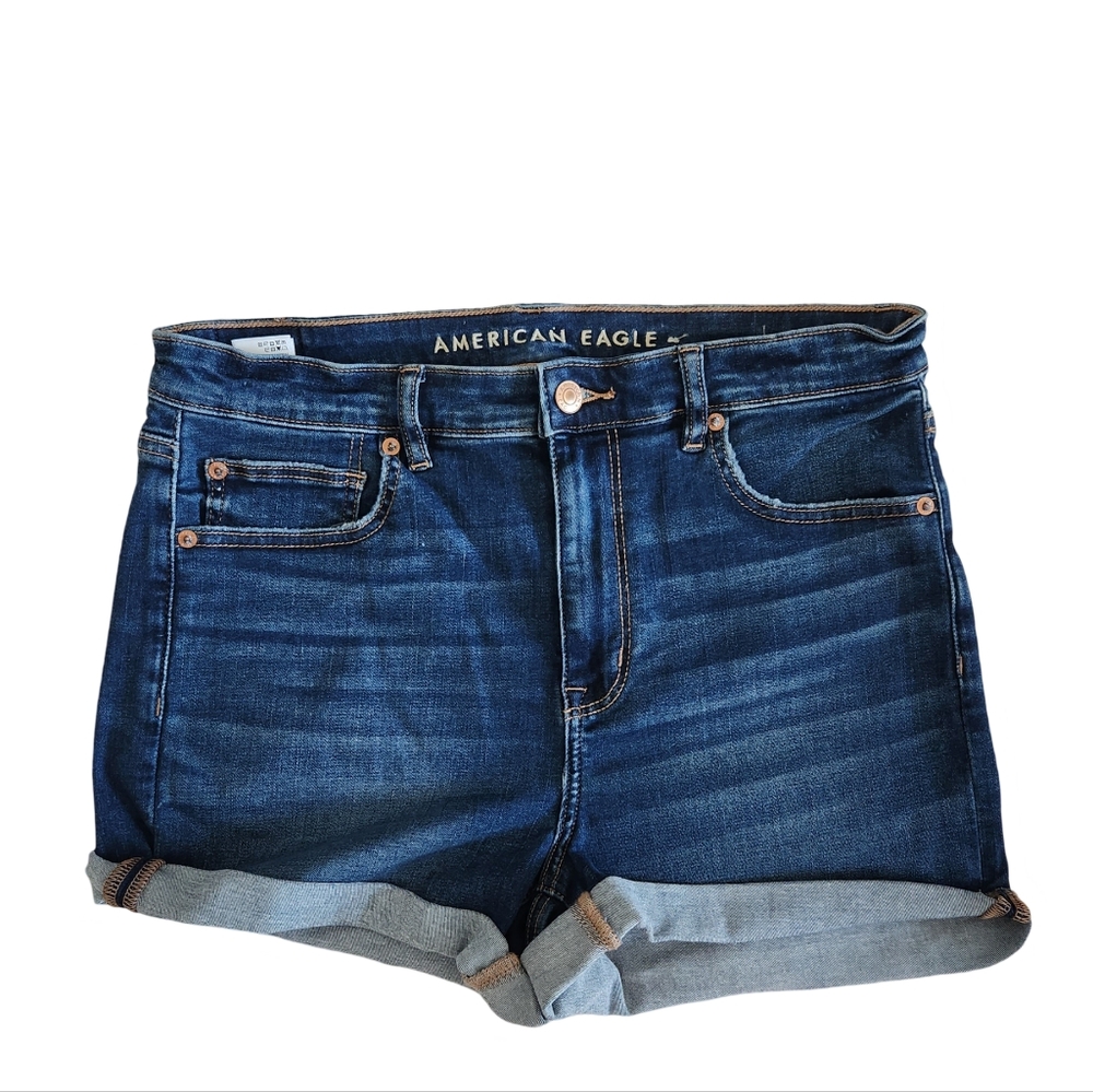 American Eagle Size 12 Super Hi-Rise Shortie Medium Wash Denim Shorts No Holes